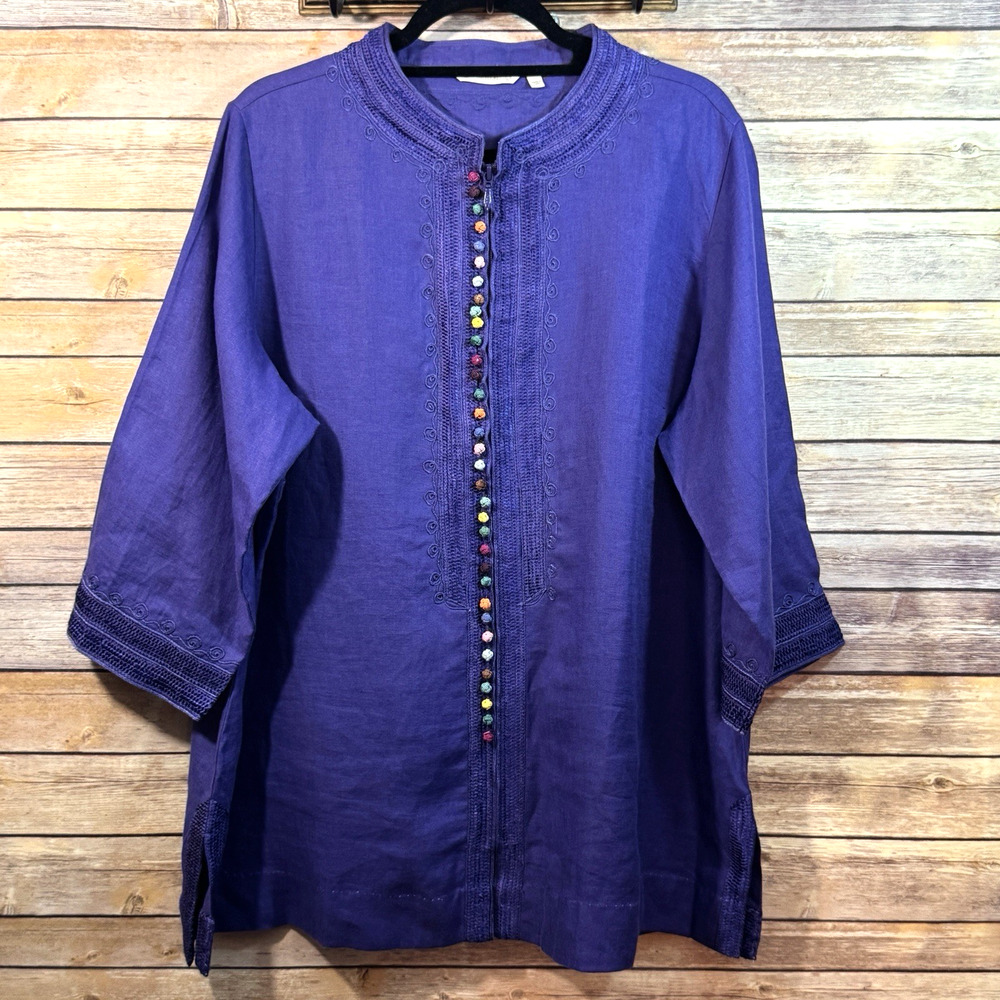 Soft Surroundings Womens Deep Purple 100% Linen Long Sleeve Desert Tunic 1X